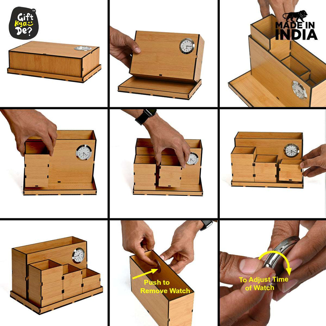 Gift Kya De Wooden Multipurpose Desk Organizer | Table Clock | 4 Compartment Organizer