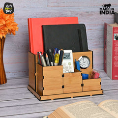 Gift Kya De Wooden Multipurpose Desk Organizer | Table Clock | 4 Compartment Organizer