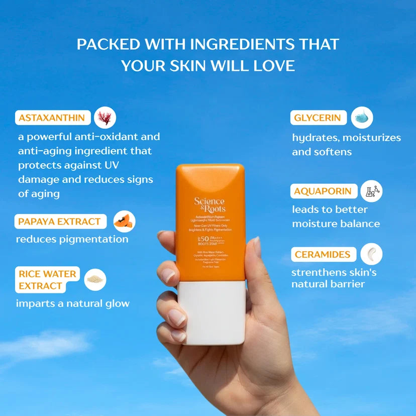 Science & Roots Astaxanthin+Papaya Lightweight Fluid Sunscreen | In-Vivo Tested for SPF 50+ | Lightweight Fluid | Non-greasy | Suitable for sensitive skin | All skin types