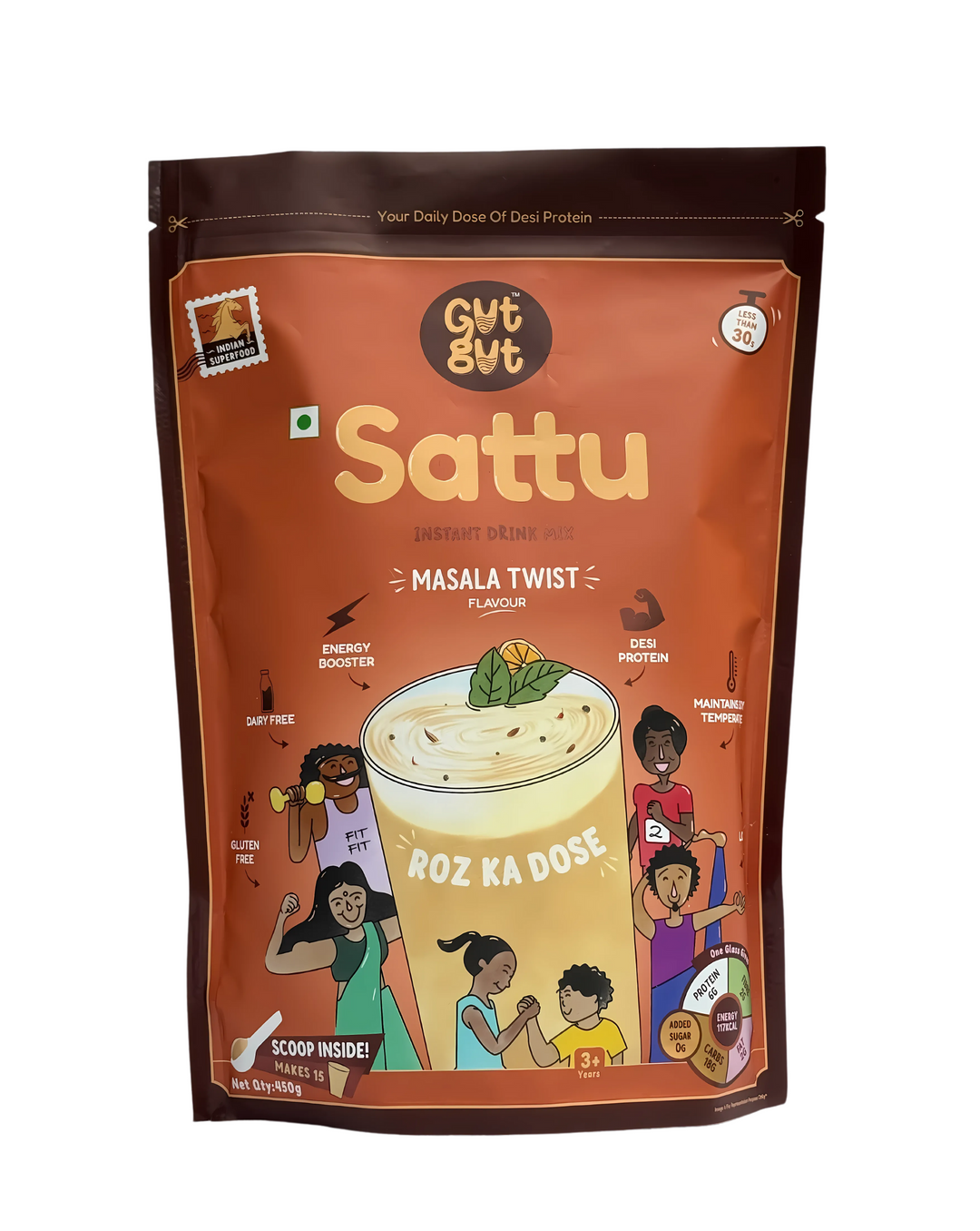 GutGut Sattu Masala Twist - Instant Drink Mix - 15 Glasses - 450 gm
