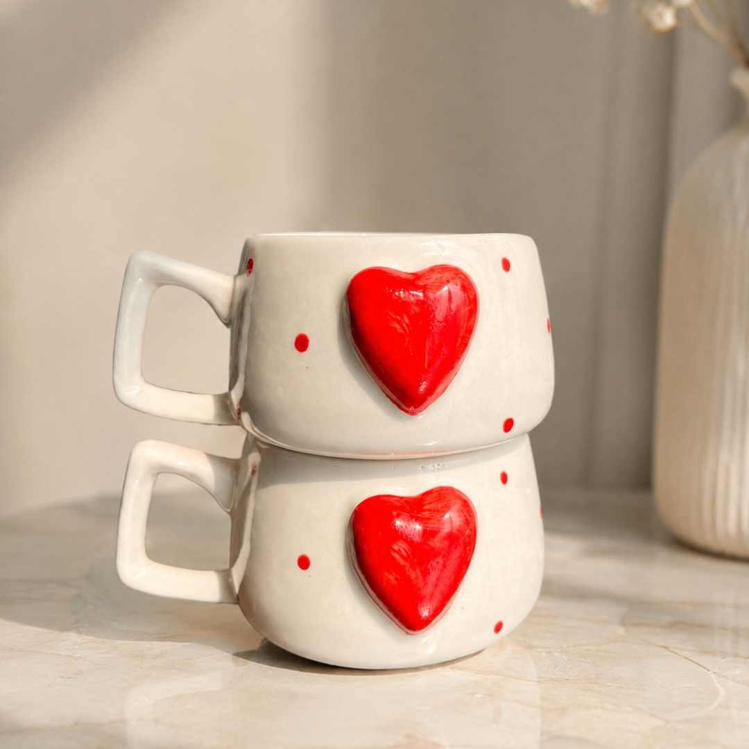 Heartfelt Duo Heart Design Ceramic Mug Set | Set of 2 Heart Mugs