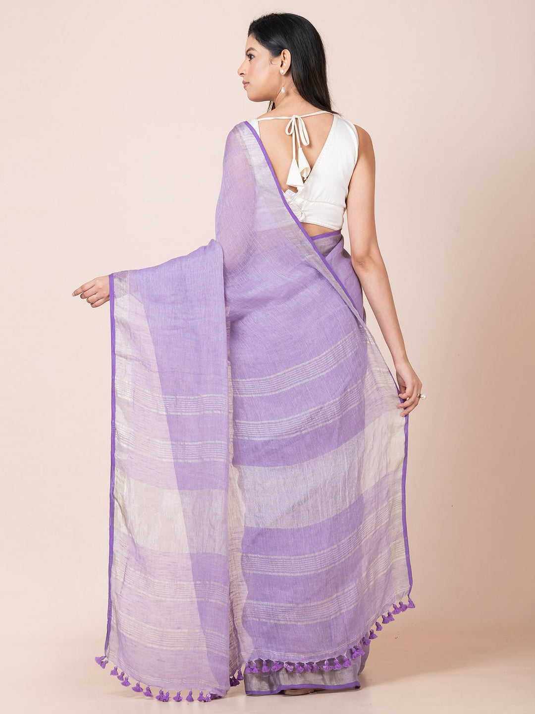 OCAU Blue Oasis - Pure Linen Solid Saree With Zari Border Without Blouse Piece II Dusty Blue
