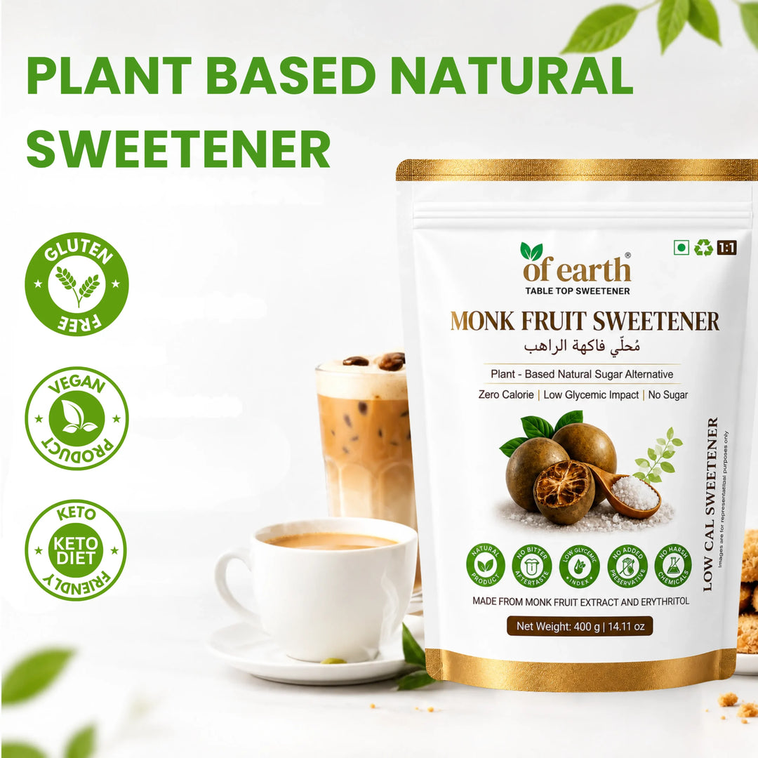 Of Earth Monk Fruit Sweetener With Erythritol | Zero-Glycemic Index, Low Calorie Sugar Substitute | 1:1 Sugar Replacer for Tea, Coffee, Drinks, Cooking & Baking | Plant-Based Monk Fruit Sweetener | Keto, Vegan & Diabetic Friendly | 400g