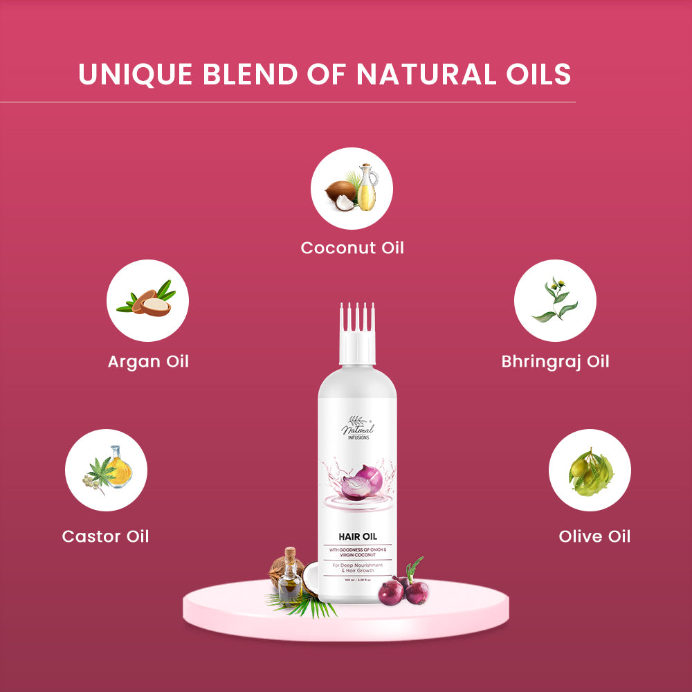 Natural Infusions onion hair oil with virgin coconut oil for silky and strong hair | controls hair fall, promotes hair growth | comb applicator - 100ml