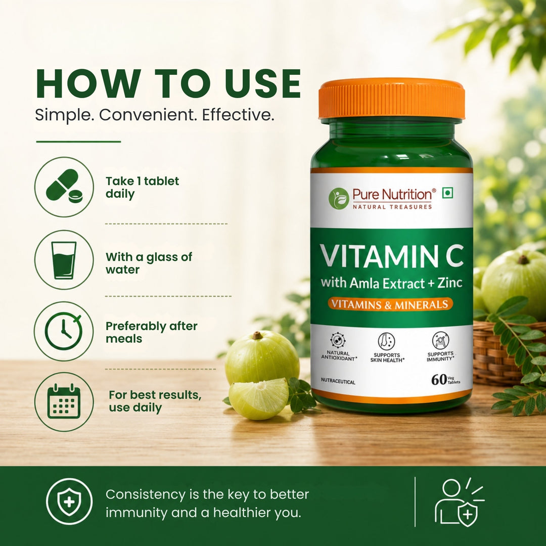 Vitamin C with Amla Extract + Zinc Supplement | Boost Immunity | Support In Skin & bone Health - 60 Veg Tablets