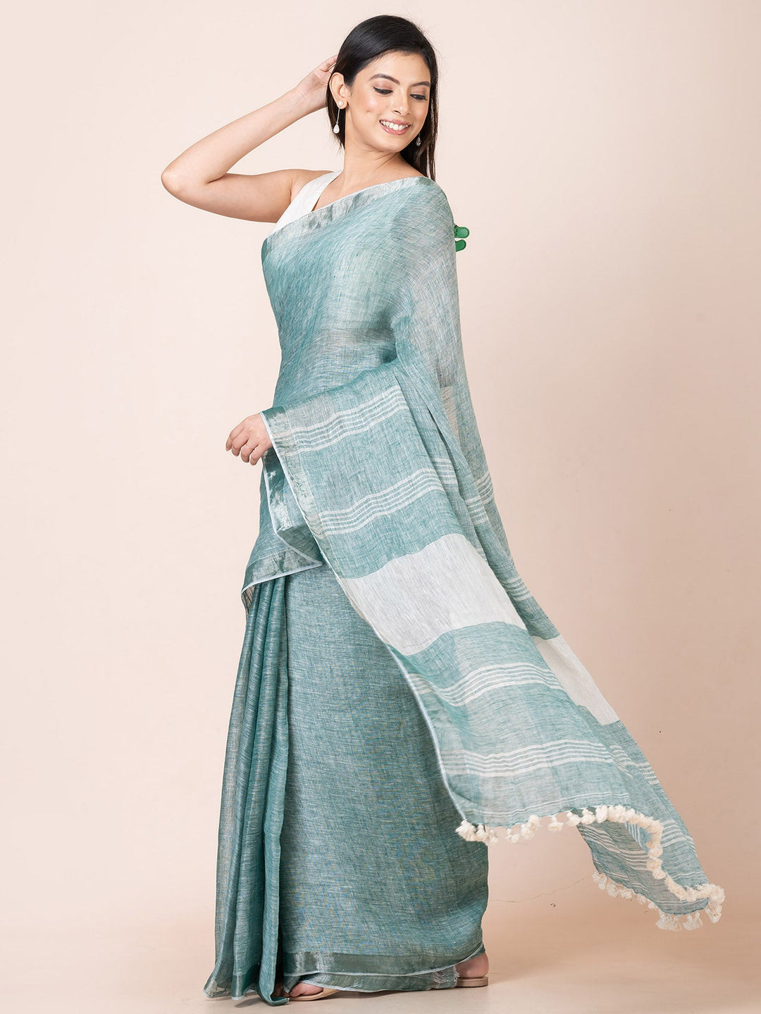 OCAU Ocean Mist - Pure Linen Solid Saree With Zari Border Without Blouse Piece l Teal