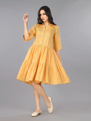 Gothilo Apricot Linen Pleated Flared Dress