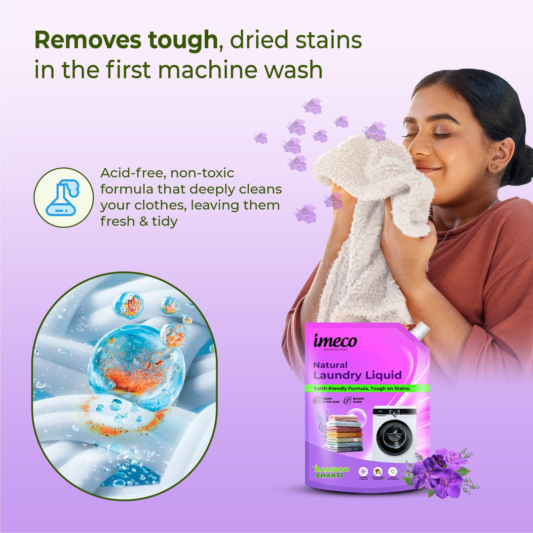IMECO Bamboo Shakti Natural Detergent Liquid 1 Liter (Pouch) - Coconut & Lavender Fragrance - Designed to Remove Dried Stains