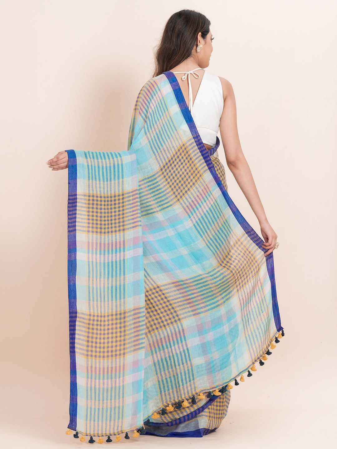 OCAU Cerulean Bliss - Pure Linen Striped Saree With  Blouse Piece  l Navy