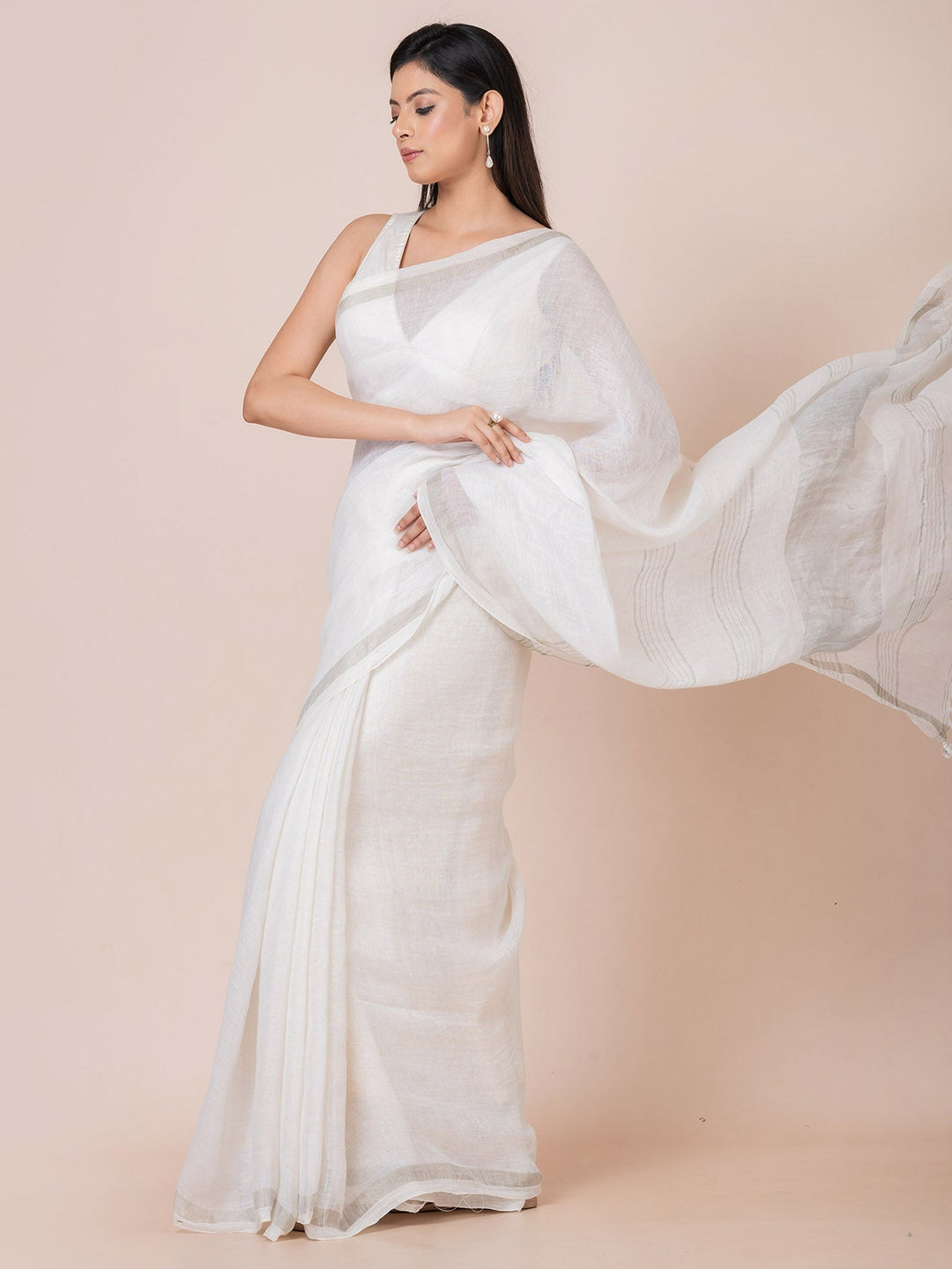 OCAU Ivory Breeze - Pure Linen Solid Saree With Zari Border Without Blouse Piece II White