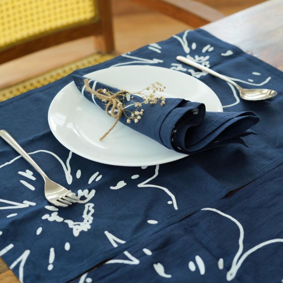 Pravaah Prasoon table linen set | pure hemp | table runner, napkins and placemats | hand printed in small batches