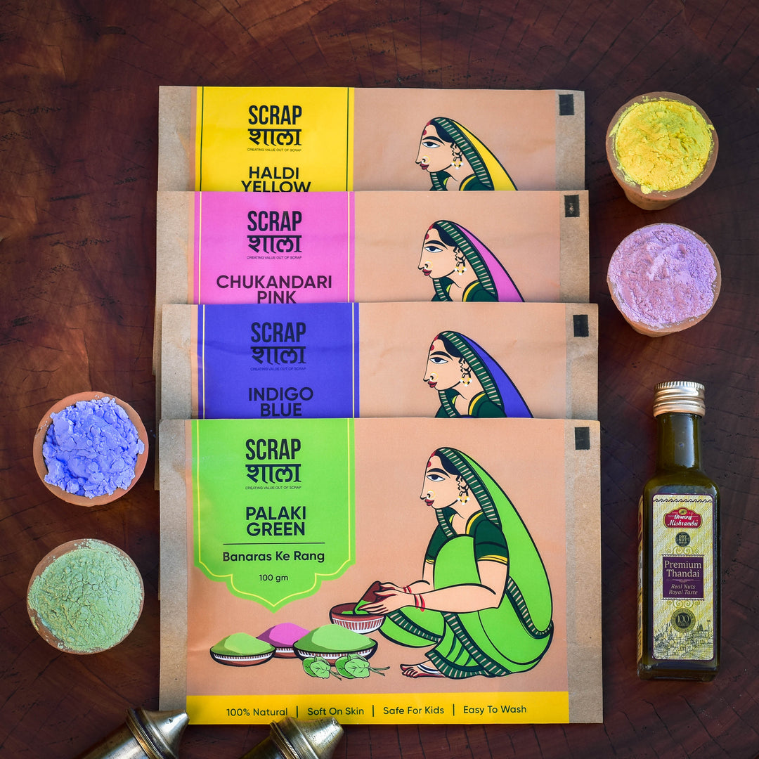 Scrapshala Holi Milan Gift Box | Four Packs of Natural Gulaal | Thandai Mix | Safe for Kids | Handmade in Banaras