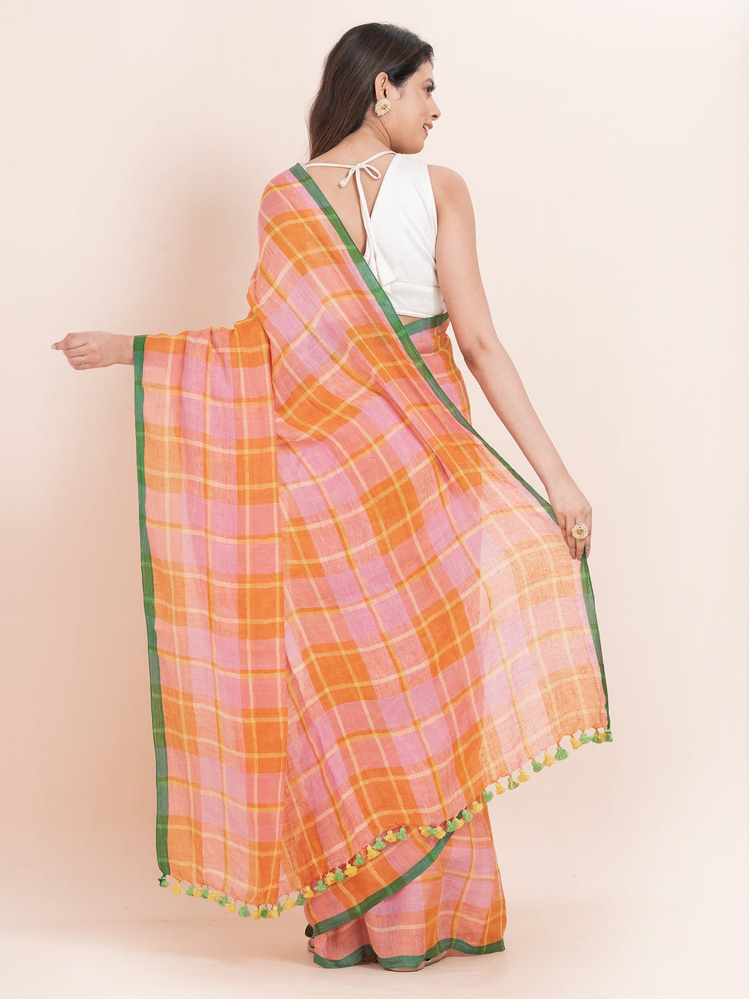 OCAU Citrus Dream - Pure Linen Checkered Saree With Blouse Piece  l Tangerine