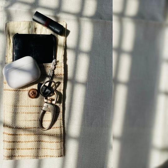 Pravaah Pai - beige and brown handwoven pouch | hemp cotton blend