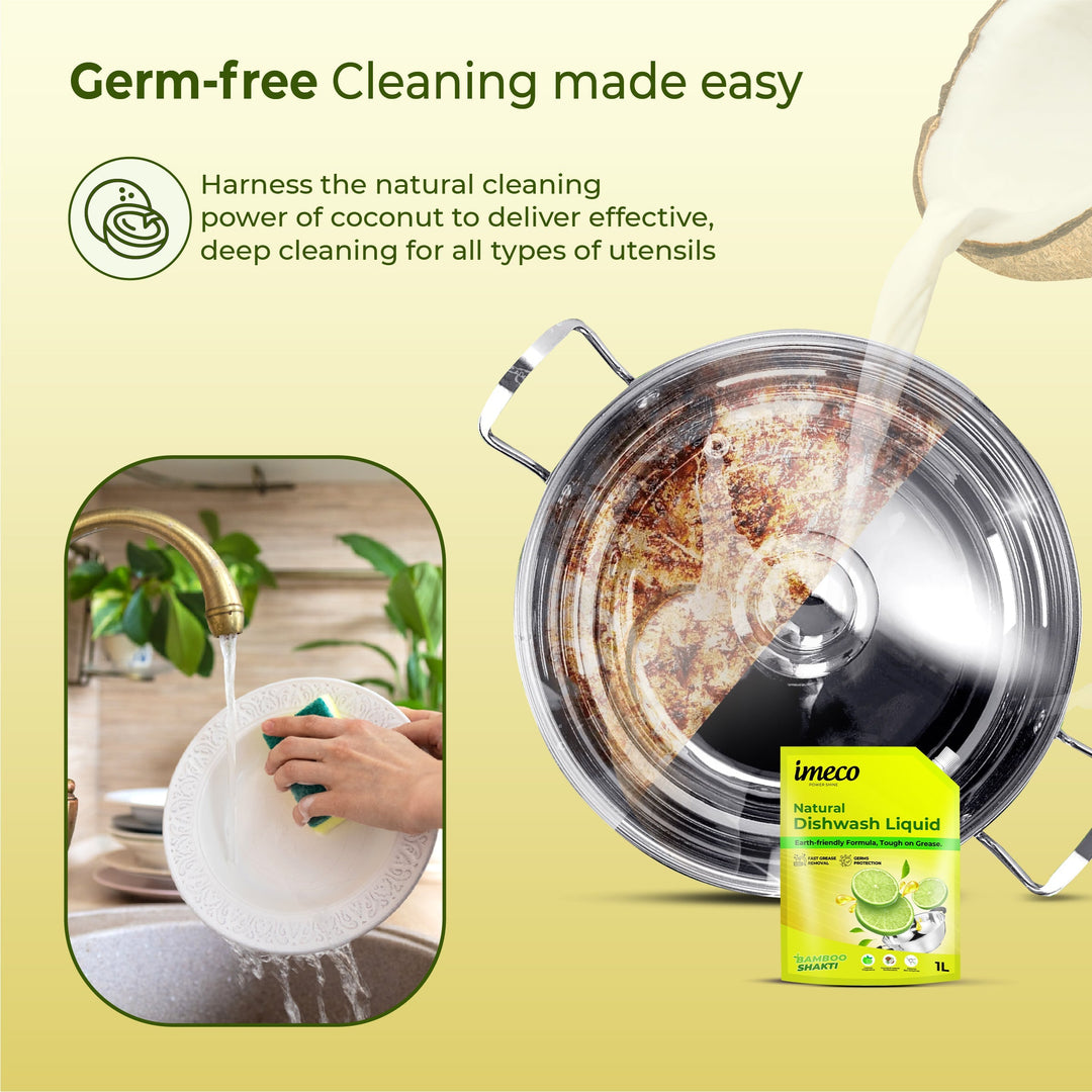 IMECO Bamboo Shakti Dishwash Liquid 1 Liter (Pouch) - Lemon Fragrance & Coconut-Based Surfactants With Natural Enzymes - Safe on Hands