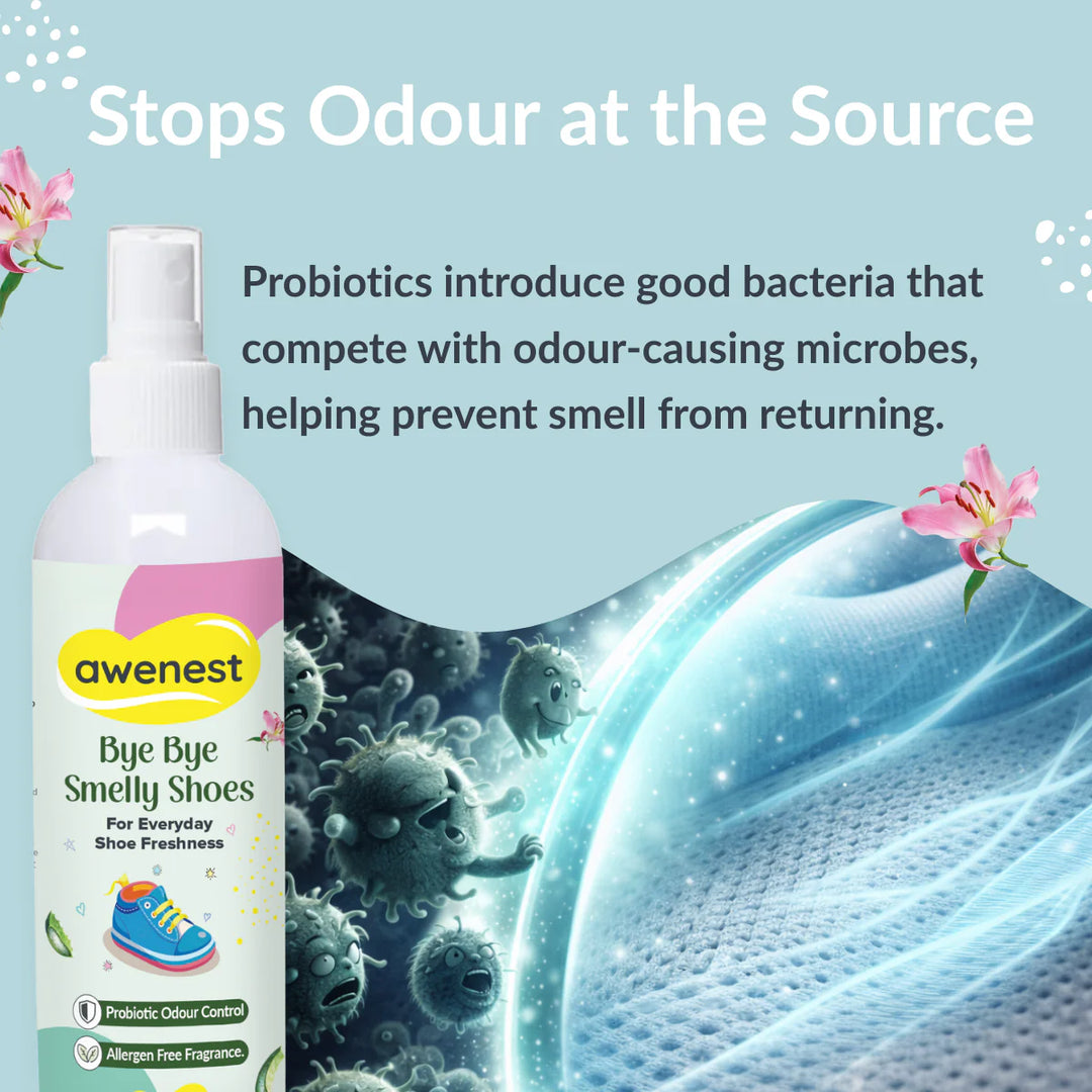 Bye Bye Smelly Shoes Spray | Probiotic Odour Control | Eliminates Shoe Odour at Source | Allergen-Free Fragrance | For Kids & Adults
