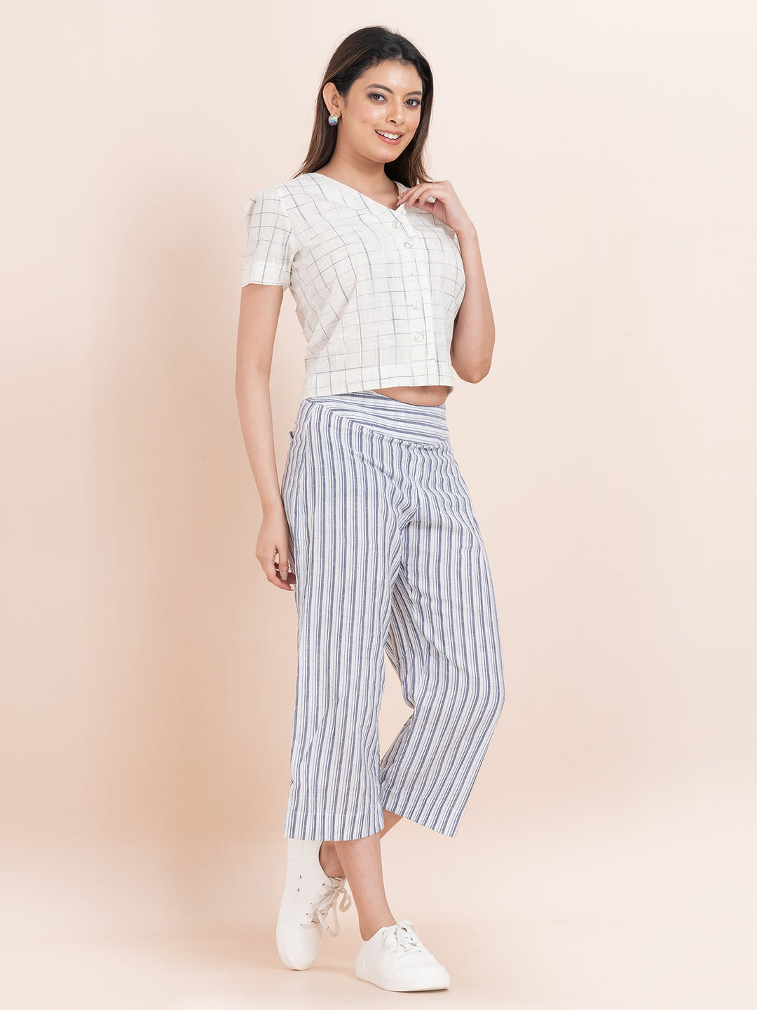 OCAU Basic Striped Wide Leg Cropped Pant - White and Blue Striped