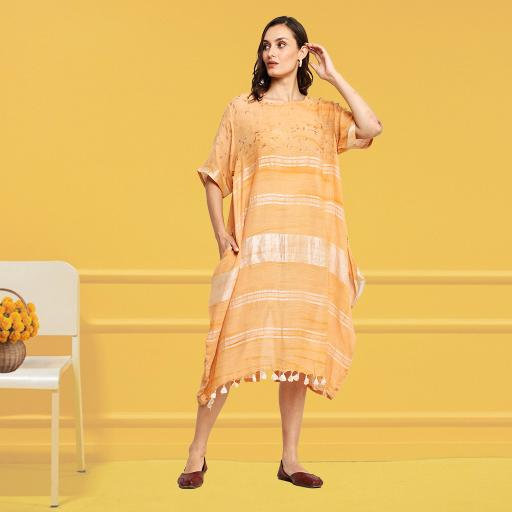 Bageeya "TESU" Handwoven slub cotton Cowl Dress | Crafted with Marigold and Manjishta| Detailed with Zari weave