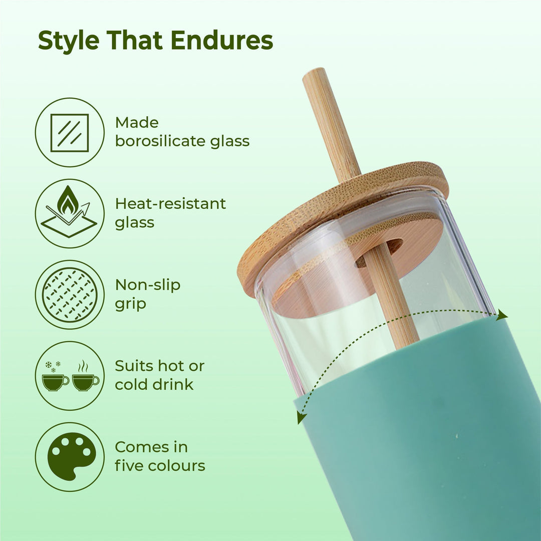 IMECO ECO-SIPPER Glass Sipper Bottle with Stylish Bamboo Lid & Straw - Leak & Sweat Proof 450 ml