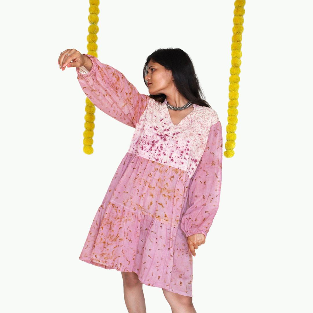 Bageeya “Aoi” Natural Dyed Pure Mul Tiered Dress | Crafted with Lac, Marigold and Detailed with Lace