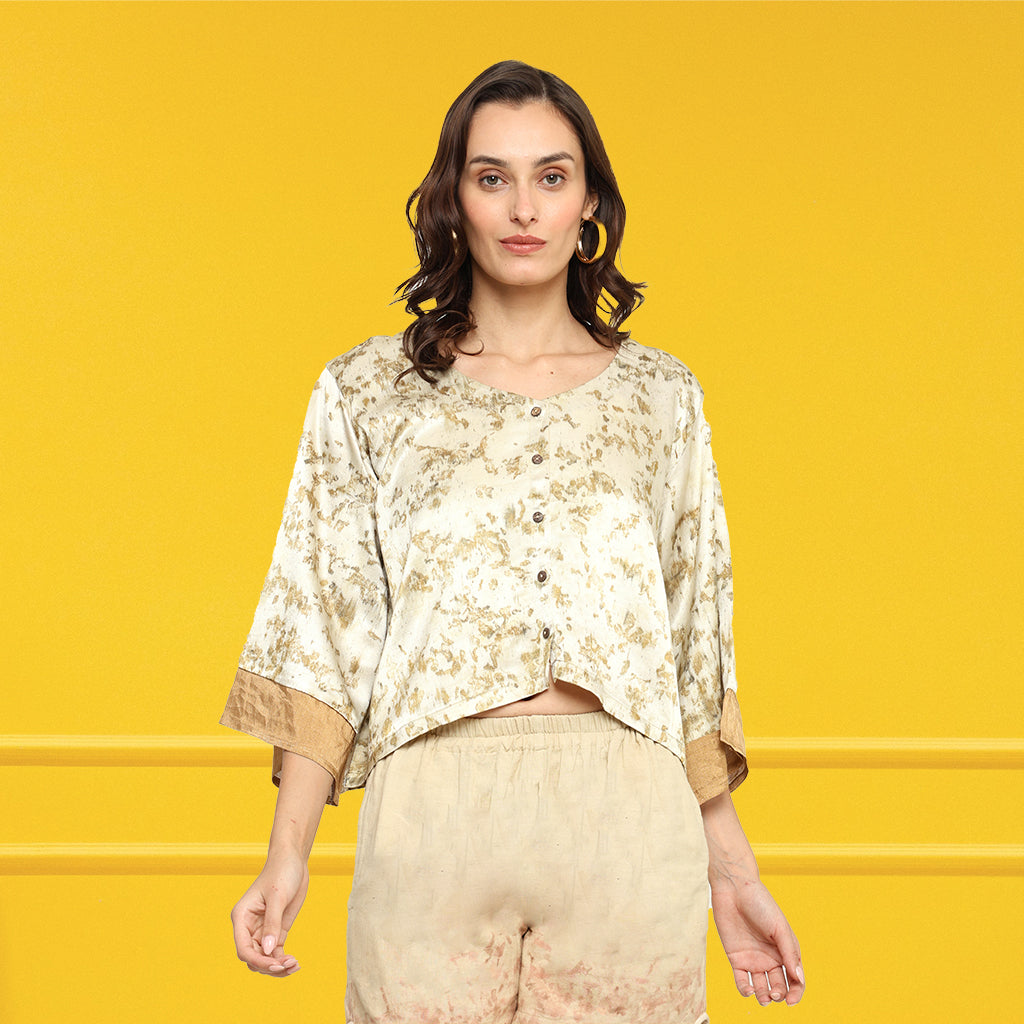 Bageeya “Bageeya Pankhudi ” Natural Dyed Handwoven Mashru Crop Shirt| Crafted with Roses and detailed with Gold Zari cuff