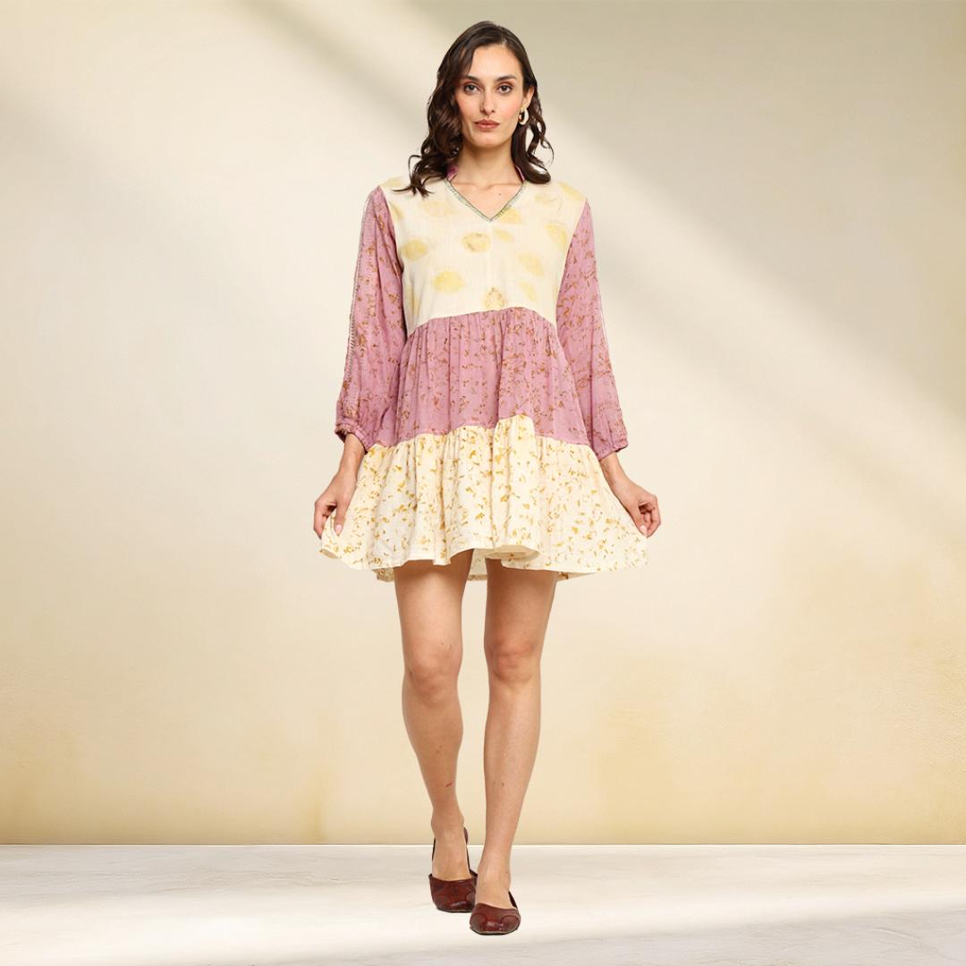 Bageeya "Hanami" Organic Cambric Cotton Tiered Dress | Crafted with Katha and Temple Rose