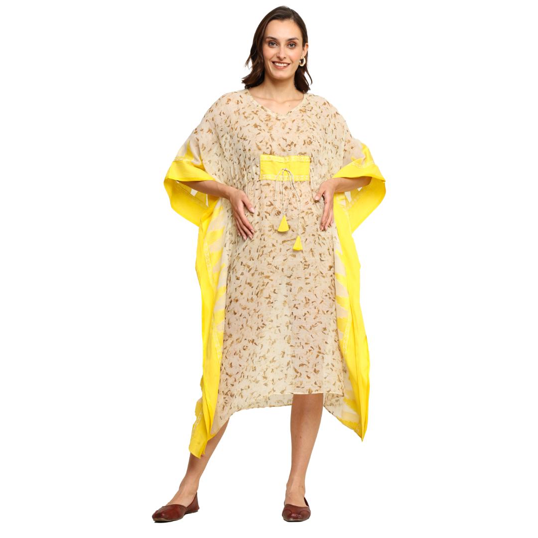 Bageeya “Meghna Natural Dyed Handcrafted Handwoven Tant Cotton Cocktail dress | Crafted with Templw Flower Marigold