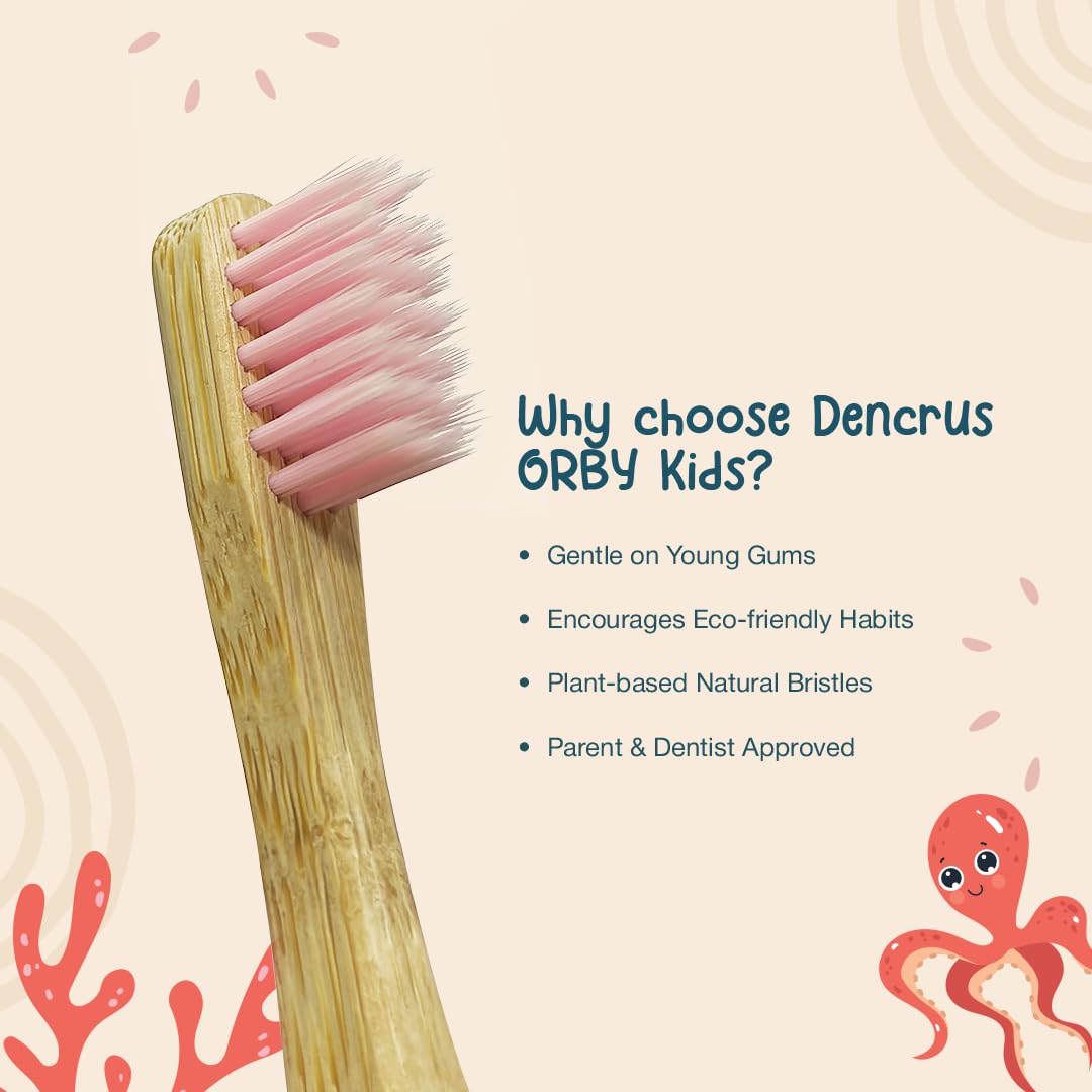 Dencrus Orby Kids Bamboo Toothbrush - Pink, Lavender, Blue & Rainbow (Pack of 4)