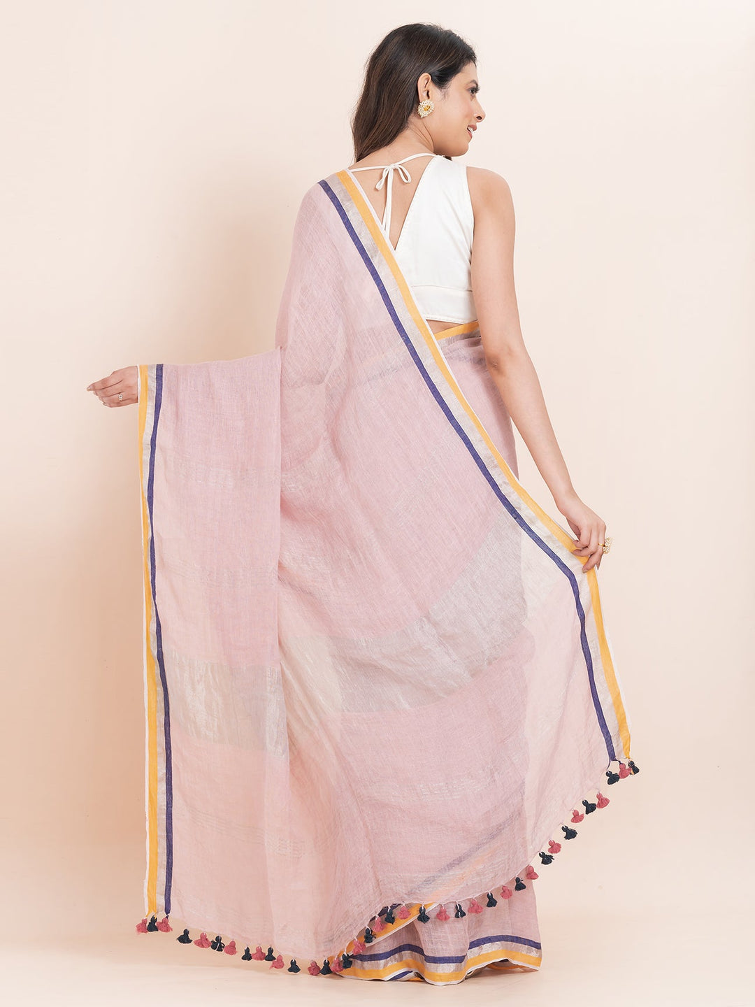 OCAU Rosy Bliss - Pure Linen Solid Saree With Contrast Border Without Blouse Piece l Rose Pink