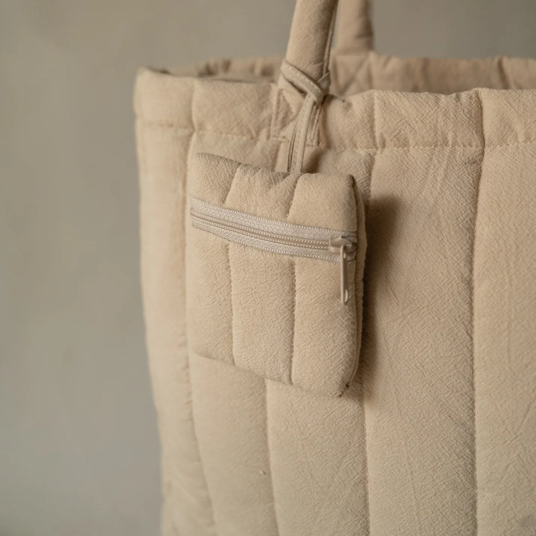 Akiiko Crinkle Stripe Tote Bag | Quilted Cotton, Laptop Compartment, Wheat