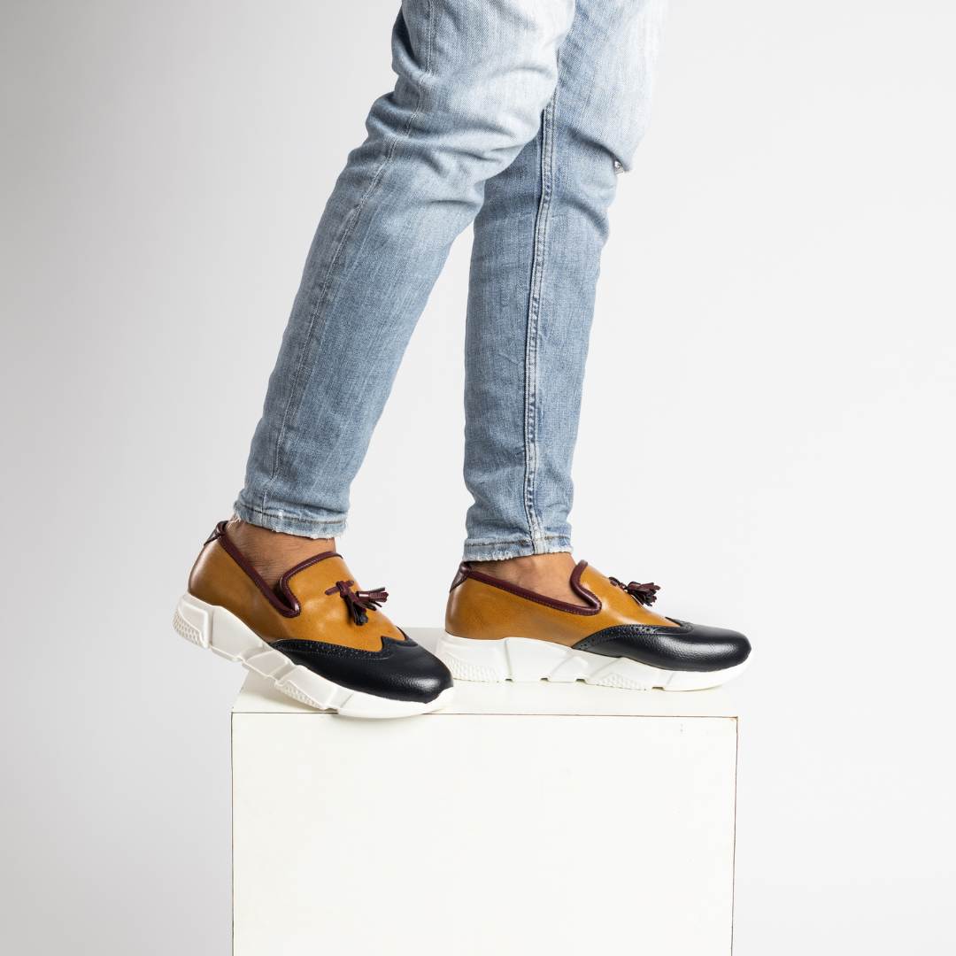 Monkstory Chunky TriColour Tassel Sneakers - Burgundy/Black/Tan