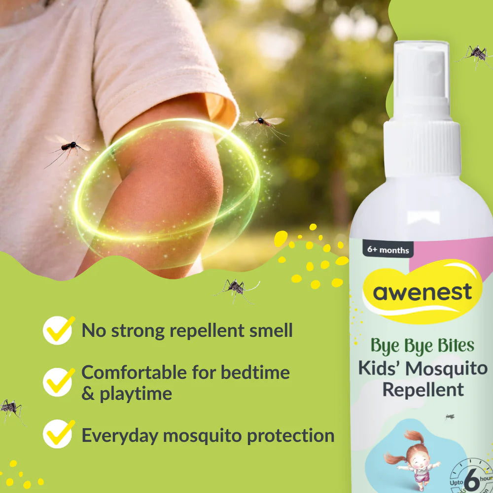 Mosquito Repellent Spray for Kids - awenest Bye Bye Bites | Citronella & Lemongrass Oils, DEET-Free | Safe for Babies 6+ Months | Skin-Friendly, Natural Insect Protection for Indoor & Outdoor Use – 100mlx2