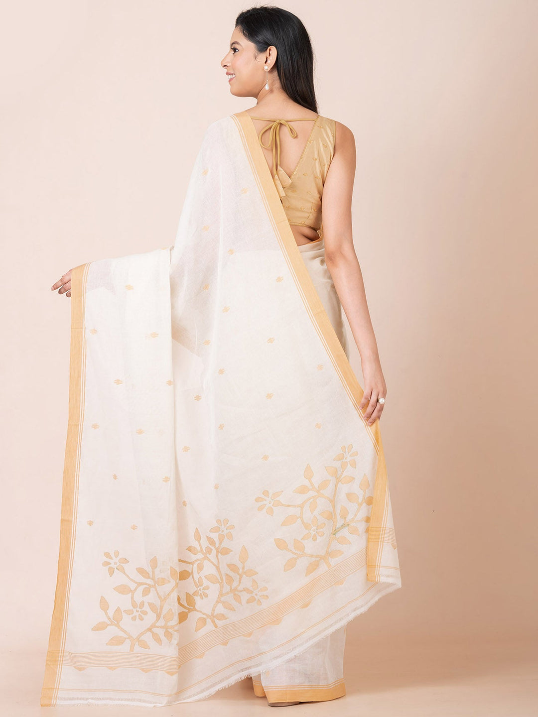 OCAU Vanilla Charm - Pure Cotton Saree With Jamdani Motifs Without Blouse Piece l Off - white