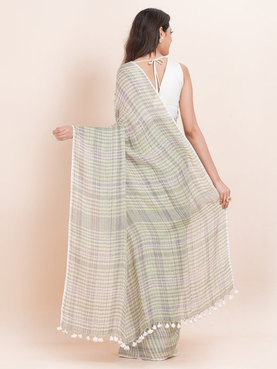 OCAU Silver Cascade - Pure Linen Striped Saree With Blouse Piece  l Grey