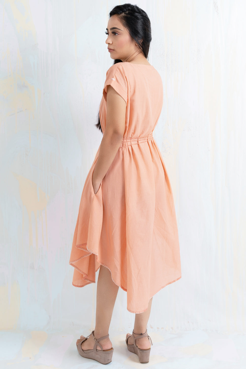 ITIDOR Peonni Asymmetric Dress - Uneven Rolled Up Sleeve, Threadwork