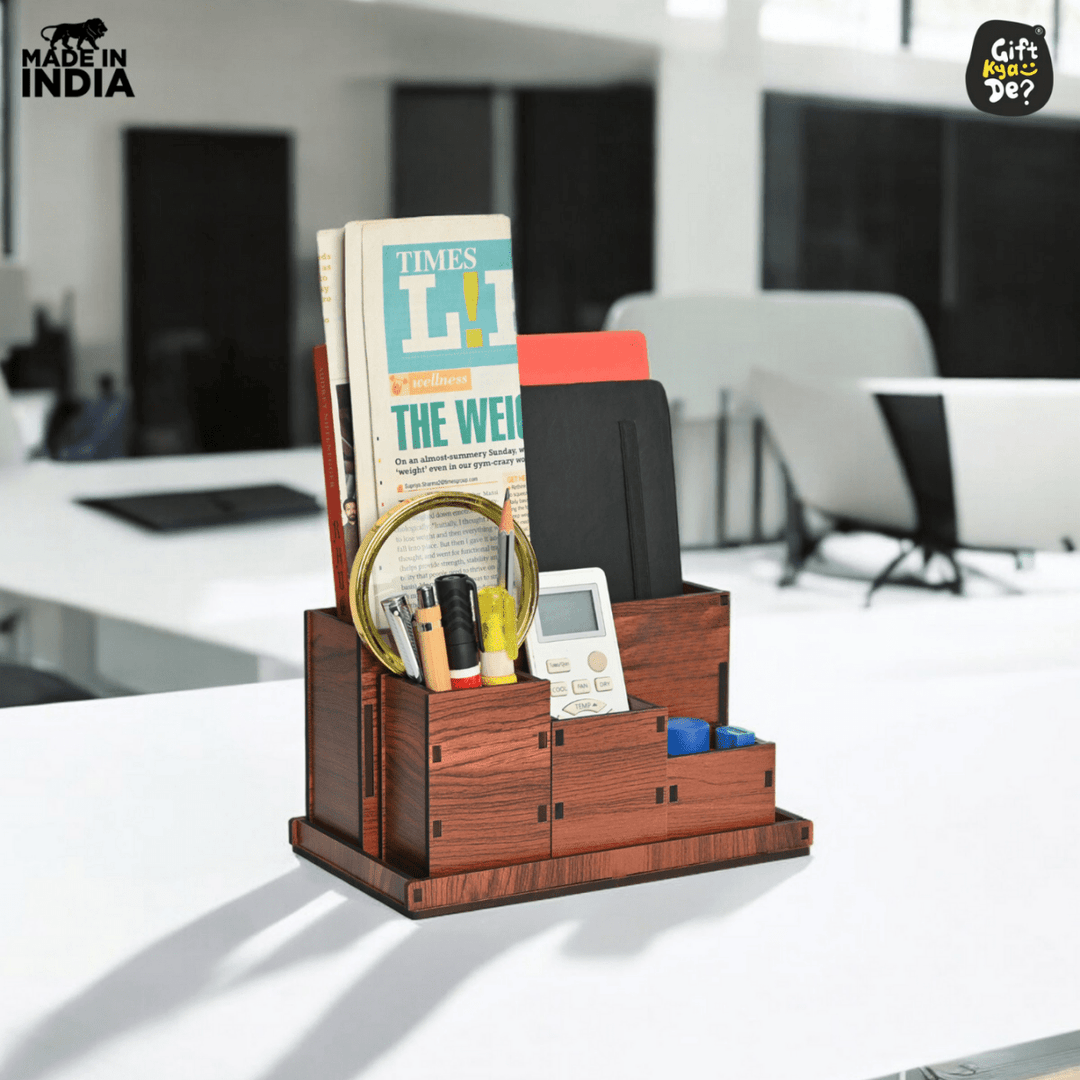 Gift Kya De Wooden Multipurpose Desk Organizer | Table Clock | 4 Compartment Organizer
