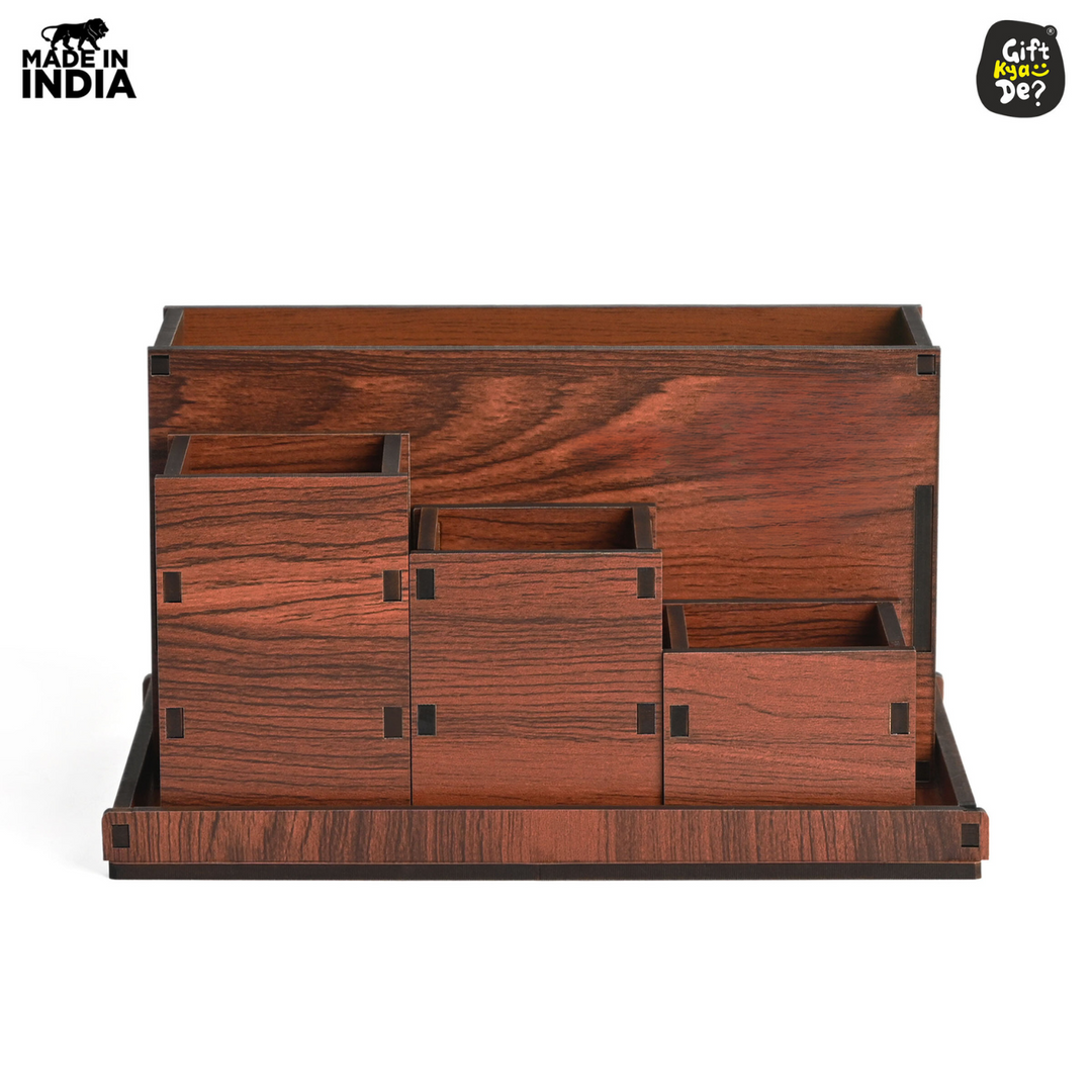 Gift Kya De Wooden Multipurpose Desk Organizer | Table Clock | 4 Compartment Organizer