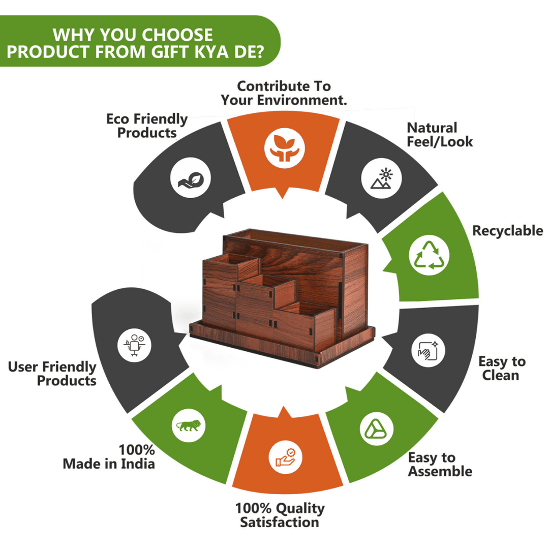 Gift Kya De Wooden Multipurpose Desk Organizer | Table Clock | 4 Compartment Organizer