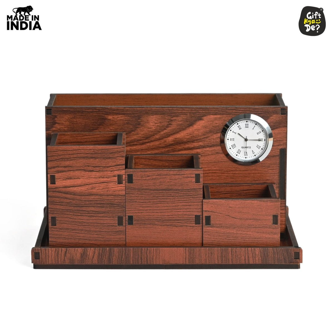 Gift Kya De Wooden Multipurpose Desk Organizer | Table Clock | 4 Compartment Organizer