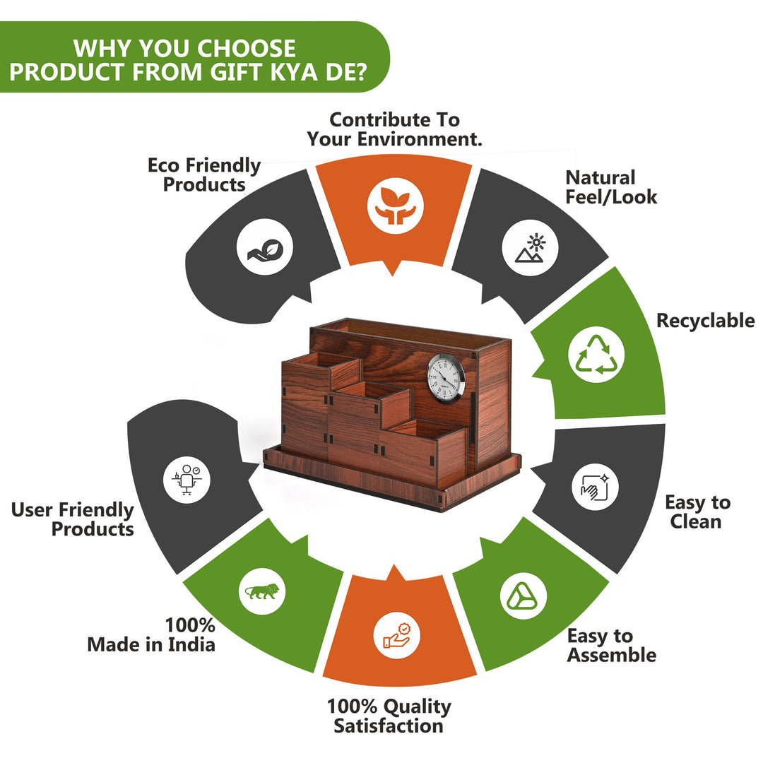 Gift Kya De Wooden Multipurpose Desk Organizer | Table Clock | 4 Compartment Organizer