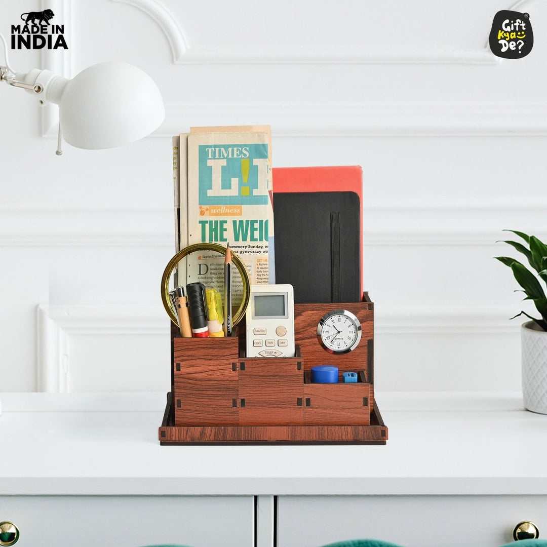 Gift Kya De Wooden Multipurpose Desk Organizer | Table Clock | 4 Compartment Organizer