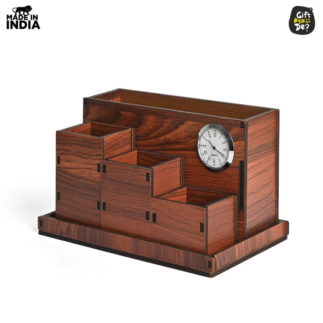 Gift Kya De Wooden Multipurpose Desk Organizer | Table Clock | 4 Compartment Organizer