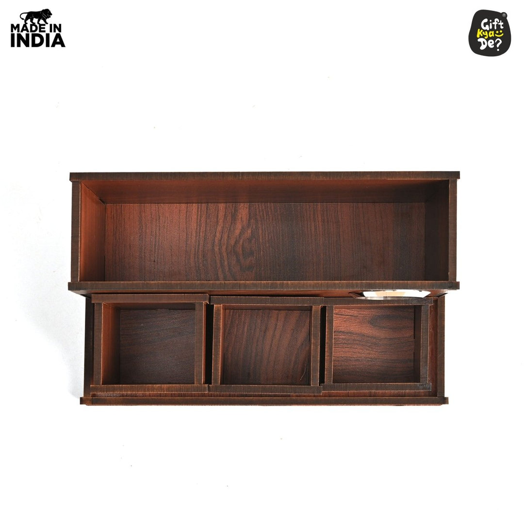 Gift Kya De Wooden Multipurpose Desk Organizer | Table Clock | 4 Compartment Organizer