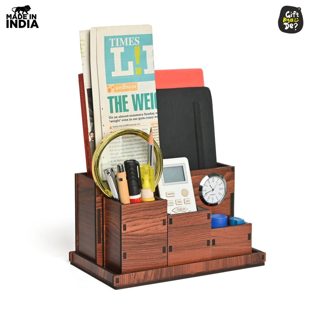 Gift Kya De Wooden Multipurpose Desk Organizer | Table Clock | 4 Compartment Organizer