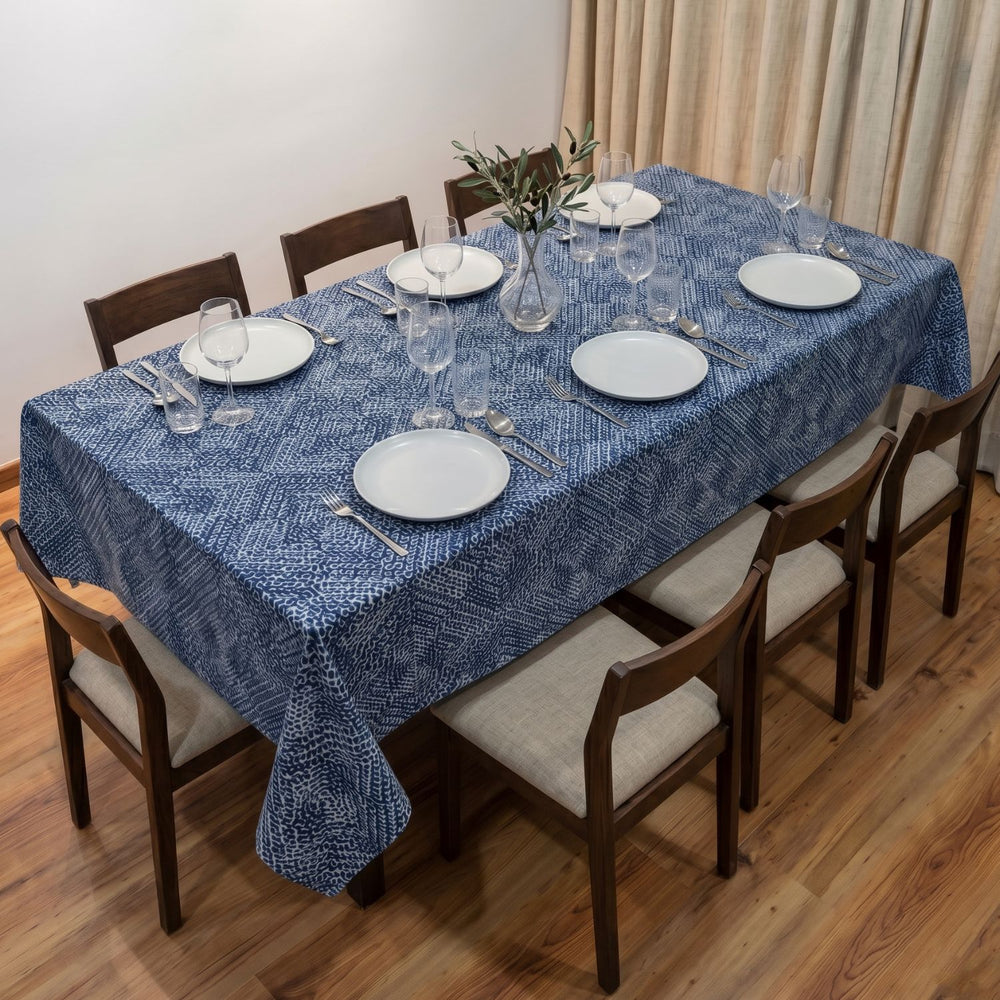 Blue Printed Design Dining Table Cover for 4-6 Seater Dining Table