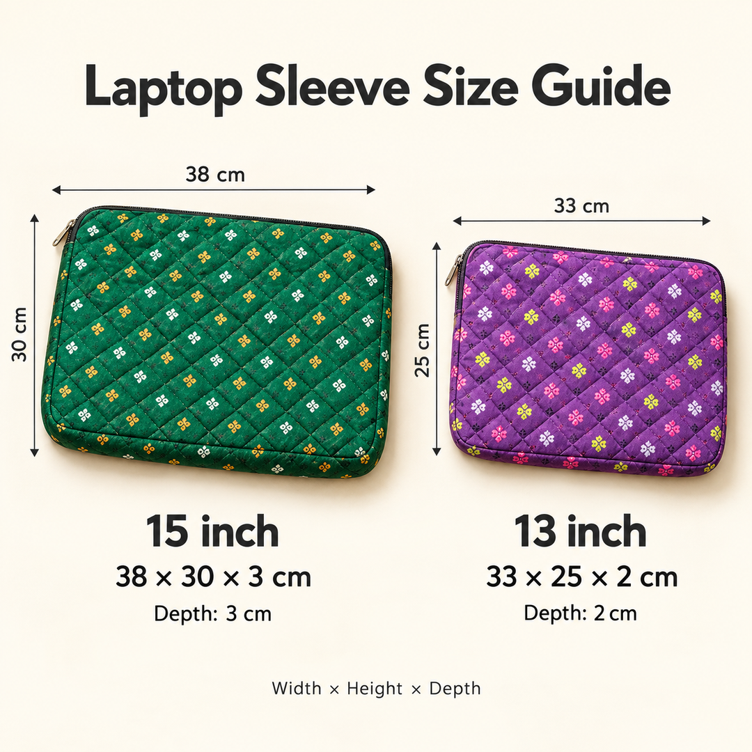 Pravaah Punh Quilted Cotton Laptop Sleeve with Zip Pocket, Assorted Prints