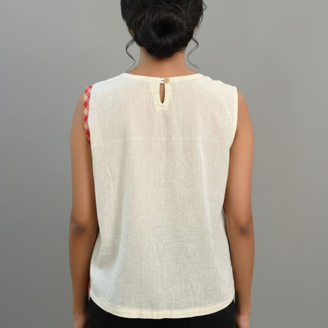  Unbleached Cotton & Gamcha Sleeveless Top — Hand-Painted Charulata   