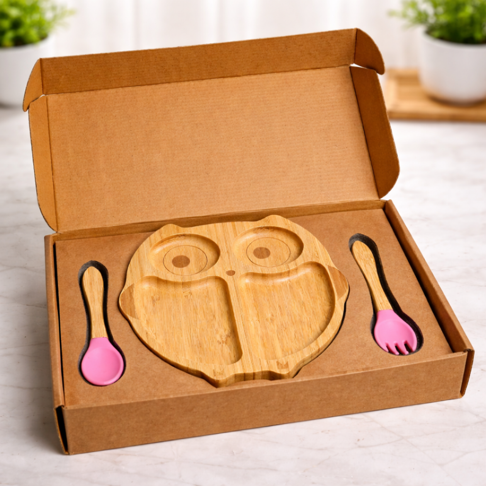 The Bamboo Bae Owl Shape Bamboo Feeding Plate with Fork & Spoon | Eco Friendly Kids Plate | BPA Free | Safe for Children | Cute Baby Plate