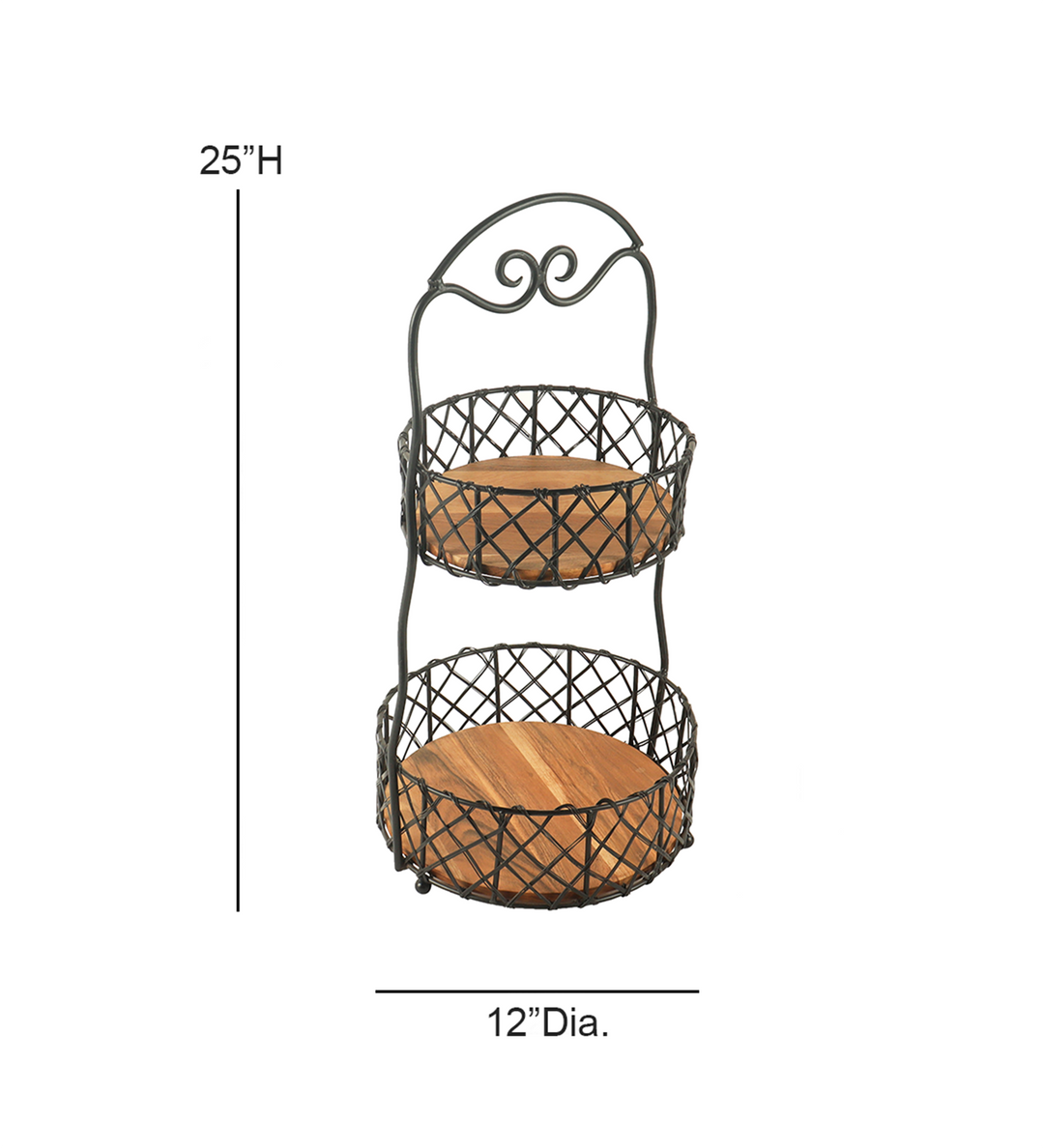 Ireka Homes Orbit Basket – Handcrafted Acacia Wood & Metal Storage Basket – Sturdy 2-Tier Organizer for Fruits, Vegetables & Kitchen Essentials