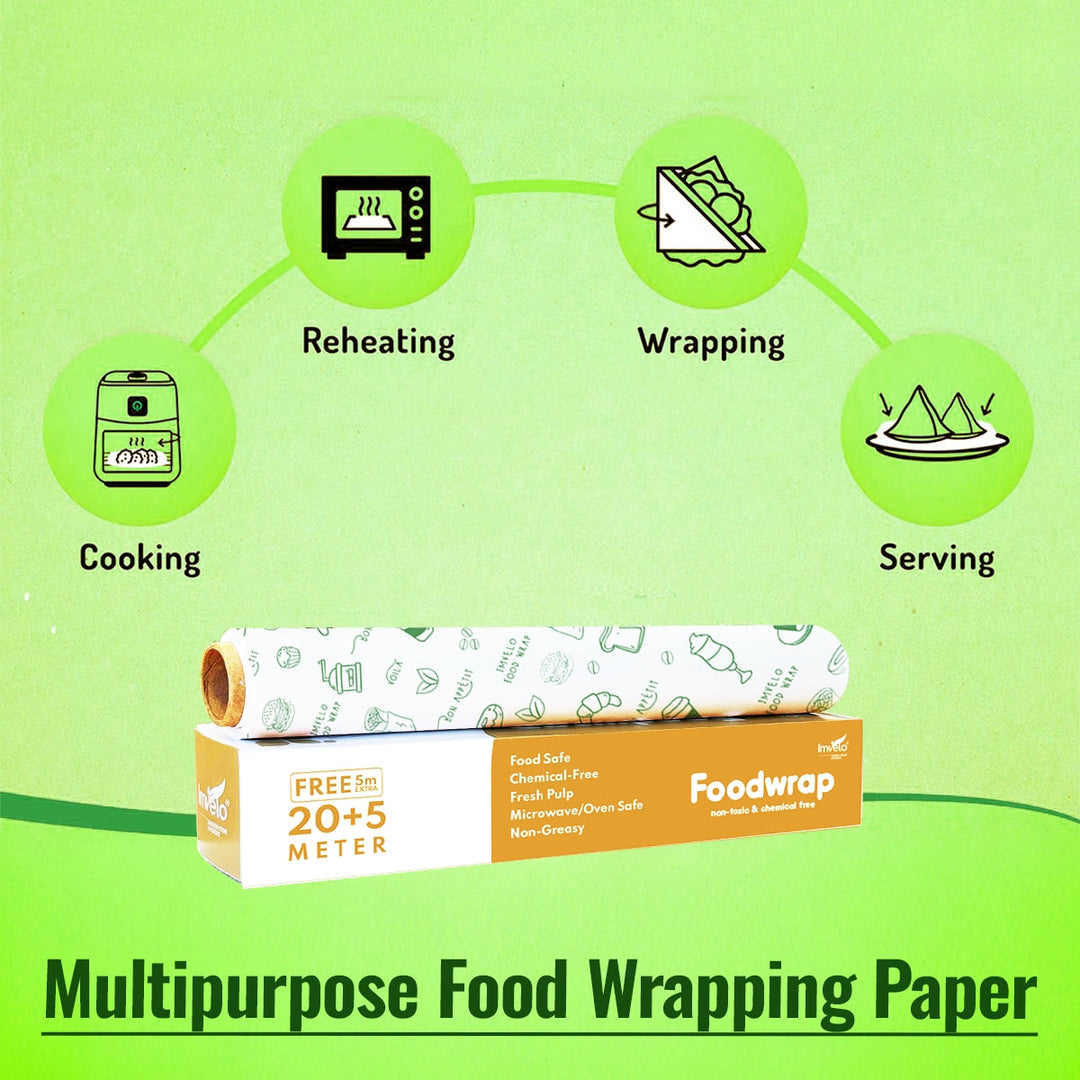 Imvelo Food Wrapping Paper Roll - Non-Stick, Oil Proof Butter Paper Roll, Reheatable Foil Paper for Food Wrap, Paper Foil for Chapati, Roti Wrap & More, Wrapping Paper for Food, Parchment Paper